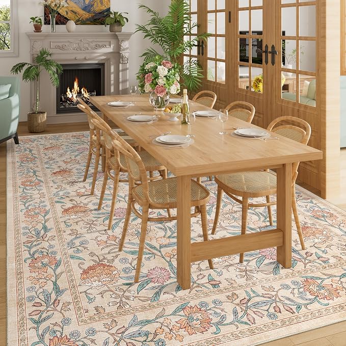 DUKINO 9x12 Area Rug for Living Room, Vintage Floral Washable Rug, Beige | Non Slip, Low Pile, Non-Shedding, Stain Resistant, Aesthetic Soft Indoor Large Carpet for Bedroom Dining Room Farmhouse