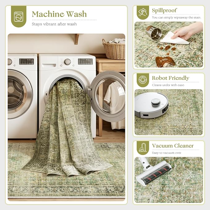 Beauoop 2x6 Hallway Runner Rug Washable Green Vintage Retro Distressed | Non Slip Low Pile Oriental Soft Thin Indoor Carpet Rug Entryway Entrance Kitchen Laundry Bedroom Bathroom Bedside
