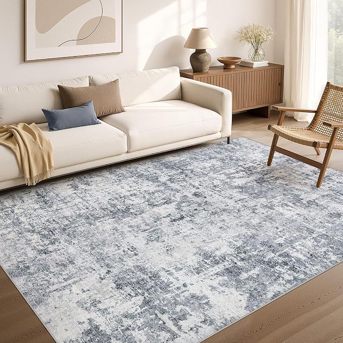 cotiled Washable Area Rug 6x9, Non-Slip Soft Neutral Rug for Living Room | Modern Abstract Carpet, Stain Resistant and Kid & Pet Friendly, Ideal For Bedroom, Dining Room, Nursery, Office - Blue/Gery