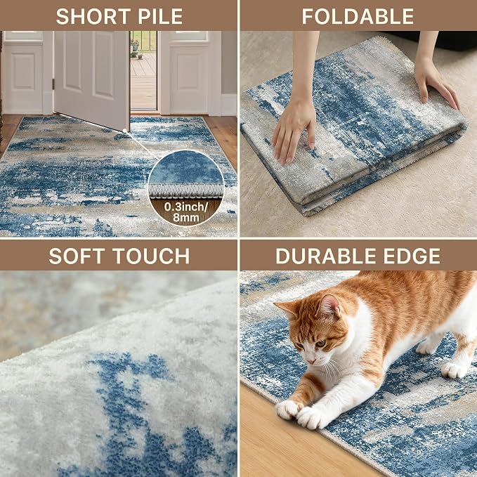 GENIMO 2x3 Rugs for Entryway, Washable Bathroom Kitchen Rugs Non Slip, Modern Abstract Soft Small Area Rug Indoor, Low Pile Throw Carpet, Sky Blue