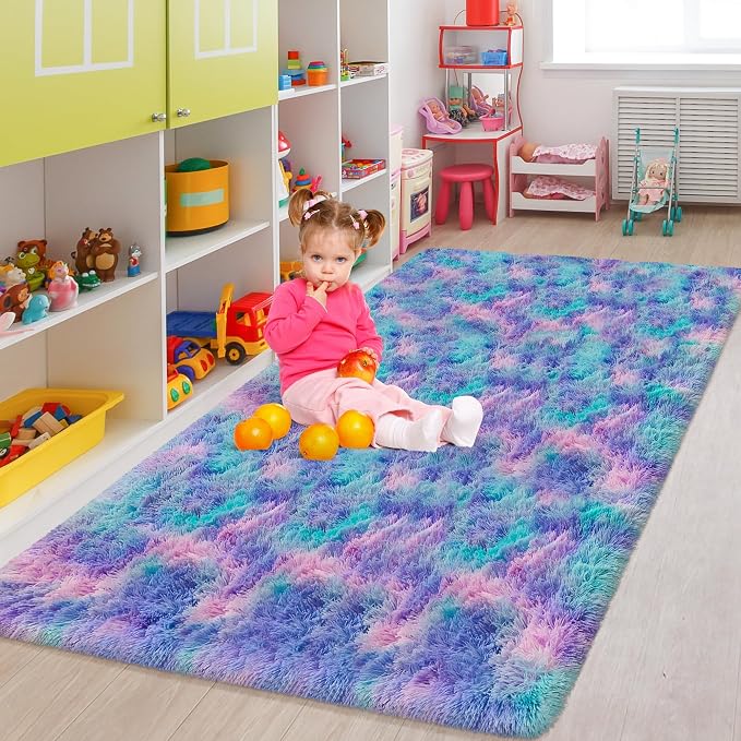 Purple Rainbow Rug 5x8ft Fluffy Plush Area Rugs for Girls Bedroom, Shaggy Rugs for Kids Playroom, Kawaii Princess Fuzzy Rugs for Nursery Baby Toddler, Cute Colorful Room Decor for Girls Room
