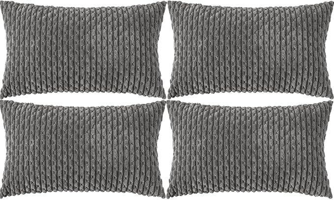Set of 4 Dark Grey Decorative Throw Pillow Covers 12x20 Inch Corduroy Pillow Covers for Bed Couch Sofa Living Room Soft Cushion Cases