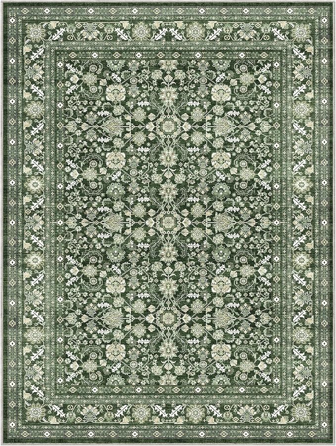 OPPODREAM Low-Pile Area Rugs, Faux Wool Carpet for Living Room, Kitchen, Office, Dorm, Bedroom, Vintage Washable Rug Non Slip, Dark Green, 10'x14'