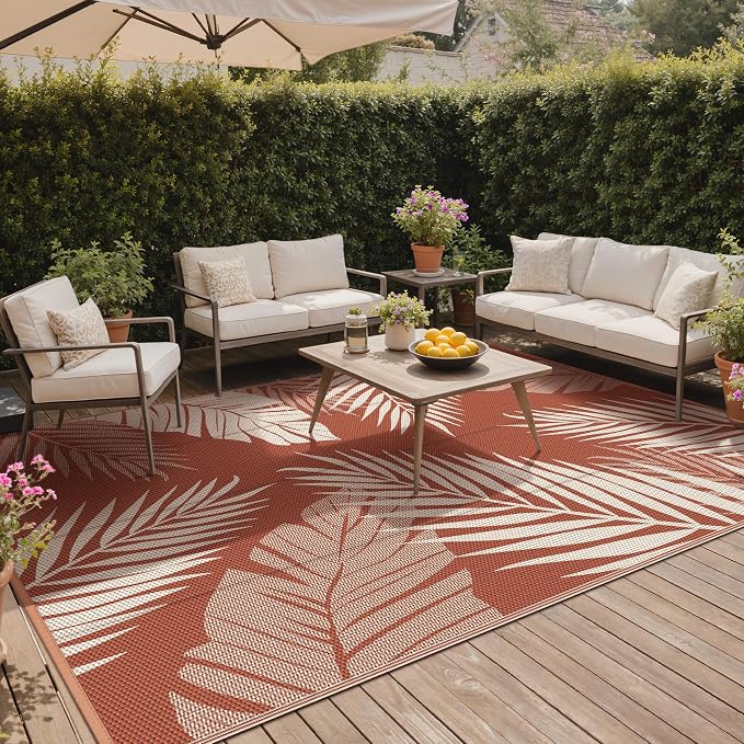 GENIMO Outdoor Rug, Waterproof Plastic Rugs 10'x14' for Camping Brick Red | Outside Larger Leaf Carpet Mat for Porch Decor, Deck, Camping, RV, Backyard, Balcony, Picnic, Beach, Reversible, Foldable