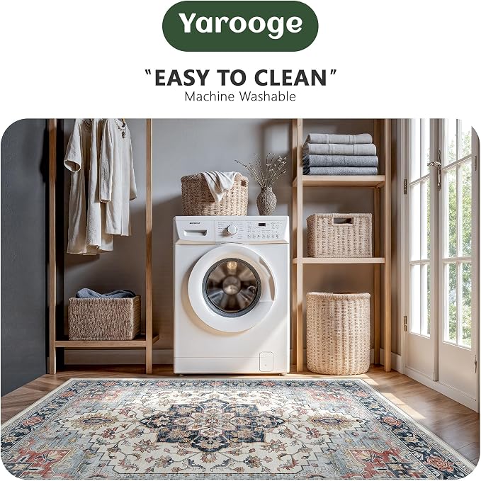6x9 Area Rugs - Washable Rug Vintage Distress Boho Medallion Rugs for Living Room, Soft Non-Slip Backing Low Pile Carpet for Bedroom Dining Room Office Nursery Dorm Home, Blue Beige Orange