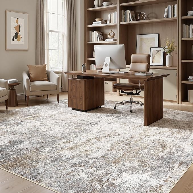 UERMEI Square Area Rugs : Washable 10x10 Neutral Modern Abstract Carpet for Living Room Bedroom - Soft Floor Mat with Non Slip Backing for Kitchen Nursery Dorms Farmhouse Home Decor - Brown Grey