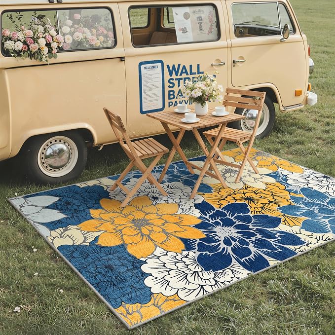 GENIMO 5x8 Outdoor Rug, Washable for Patio and Deck, Blue | Floral design for porch; fade resistant chenille with quick-dry non-slip backing for indoor sunroom