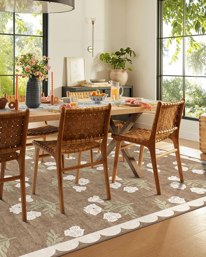 Boho 5x8 Living Room Rug - Tan Soft Washable Floral Scalloped Bedroom Area Rug Stain Resistant Dining Room Rugs for Under Table Non Slip Vintage Farmhouse Rugs for Living Room Nursery Carpet
