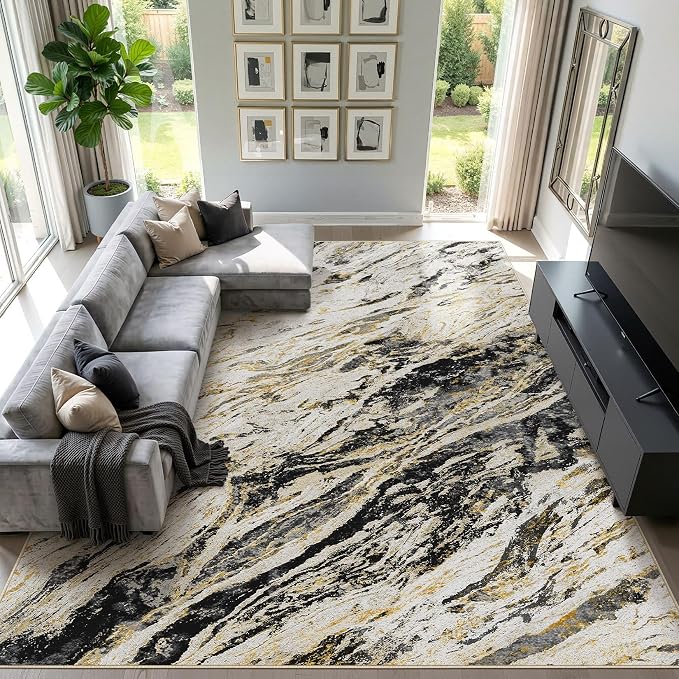 Area Rugs for Living Room: 10X12 Abstract Washable Rug Modern Neutral Large Soft Stain Resistant Non-Slip for Bedroom Dining Room Indoor Home Office Carpet - Black Gold