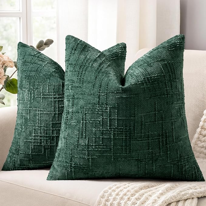 decorUhome Textured Chenille Throw Pillow Covers 24x24 Set of 2 Green | Fall Modern Farmhouse Soft Cozy Slubby Couch Pillow Cases Boho Decorative Pillow Cases for Bed Sofa Living Room Home Decor