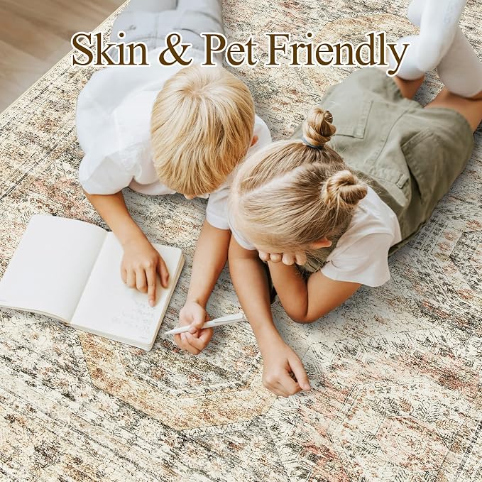 Soalmost Washable Area Rug 8x10, Large Soft Rugs for Living Room Vintage 8x10 Area Rugs for Bedroom Dining Room Non-Slip Stain Resistant Under Table Brown Pink Rug
