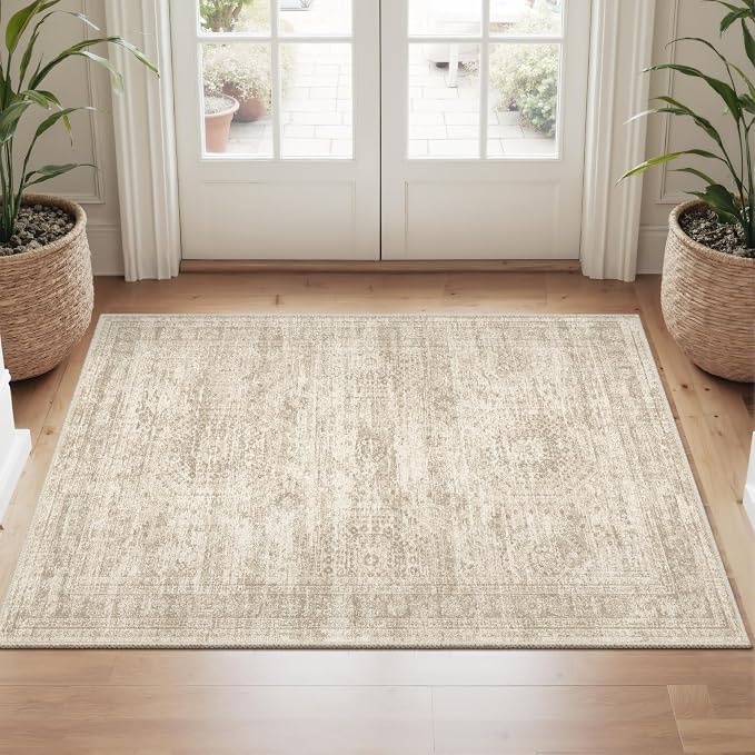 Soalmost 2x3 Washable Rugs for Kitchen, Floor, Entryway, Powder Room Small Area Rug Non-Slip Vintage Low Pile Throw Door Mat Beige