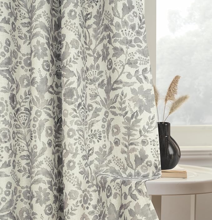 DriftAway Julia 100% Blackout Curtains Grommet 2 Panels, W52xL84, Gray | Floral Curtains, Bedroom, Living Room, Linen Blend, Watercolor Pattern, 2 Layers, Thermal Insulated, Window Treatment