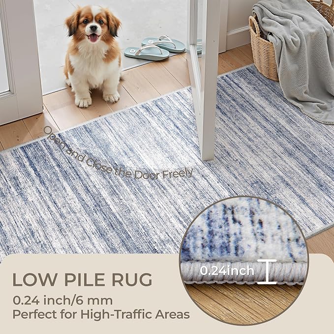 2x6 Runner Rug Non Slip,Washable Hallway Runner Rug,Blue | Neutral Rugs for Kitchen,Entryway,Bedroom,Bathroom,Nursery Room,Thin,Soft Runner Rug,Stain Resistant Indoor Carpet