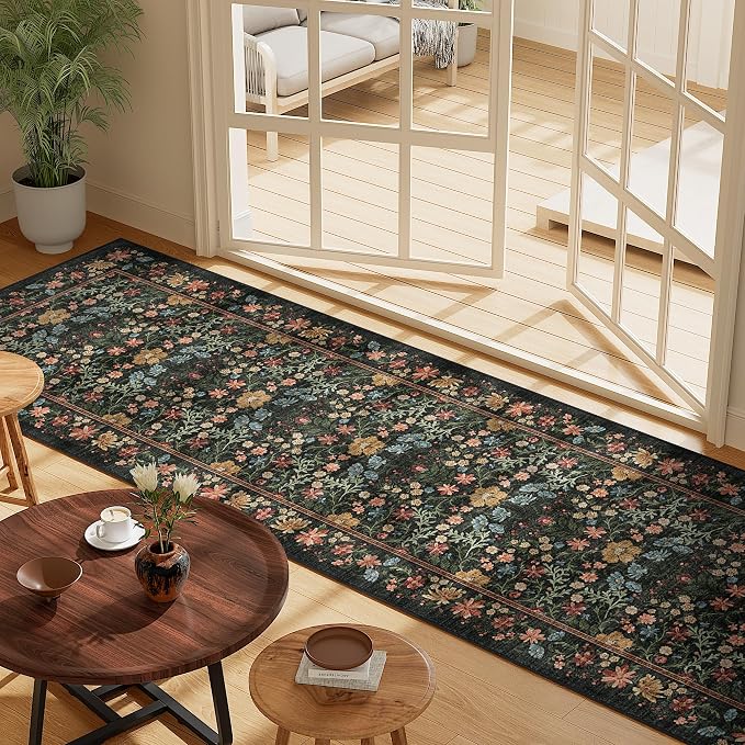 DUKINO 2.6x8 Runner Rug, Washable Vintage Floral Kitchen Rug, Black | Non Slip, Low Pile, Non-Shedding, Stain Resistant, Soft Throw Carpet Runner for Hallway Bathroom Laundry Entryway Farmhouse