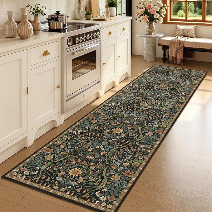 3x10 Washable Runner Rug,Black Brown Floral Boho Area Rug for Hallway,Low-Pile Non-Slip Stain Resistant Long Carpet for Kitchen, Bedside,Laundry Room,Entryway