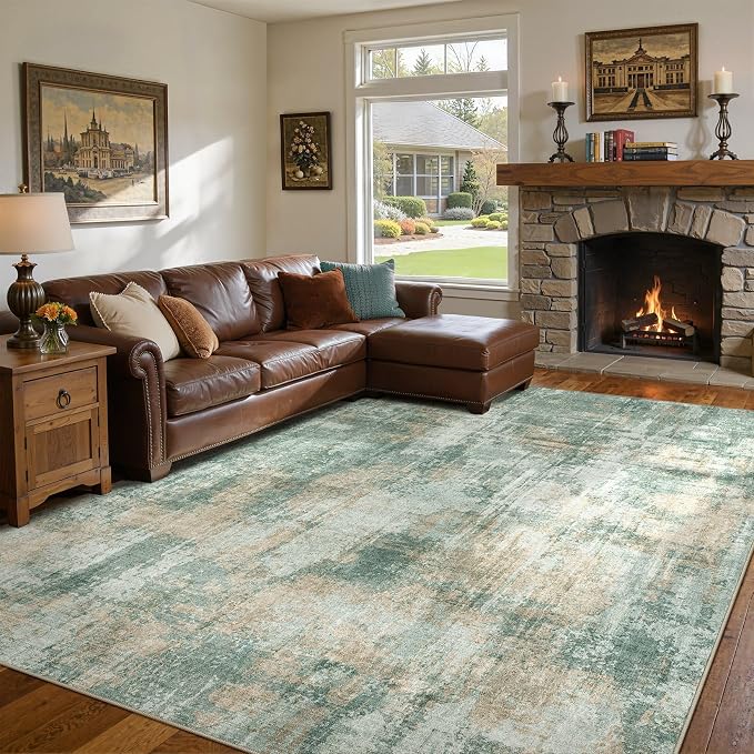 DMOYEST 8x10 Area Rug for Living Room, Washable & Non Slip Large Indoor Carpet, Kid & Pet Friendly Soft Thin Low Pile Abstract Rug for Bedroom and Office - Green