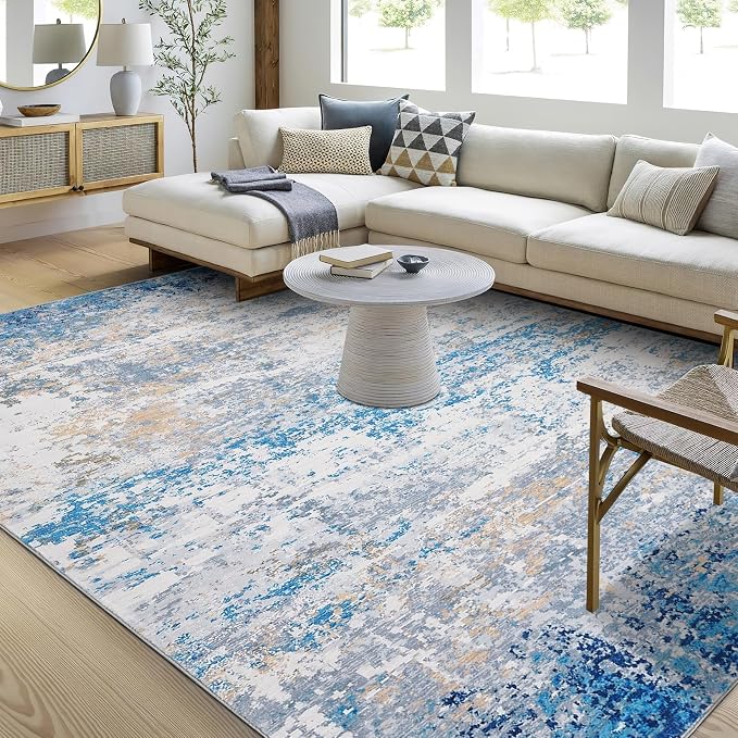ROYHOME Modern Abstract Area Rug 3x5 Non Slip Non Shedding Rug Low Pile Stain Resistant for Bedroom Living Room,Blue/Grey