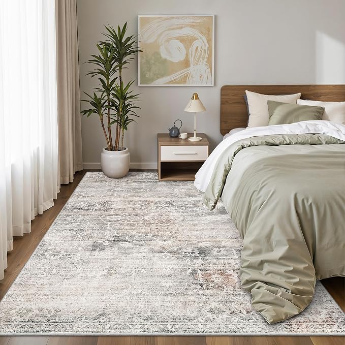 Soalmost 5x7 Area Rugs for Living Room, Washable Bedroom Soft Rug Taupe | Vintage Floral Stain Resistant Non-Slip Low Pile Throw Large Carpet for Dining Room Kitchen Home Office Nursery 5'x7'