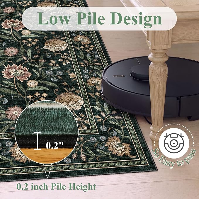 DUKINO 2x8 Runner Rug, Washable Vintage Floral Kitchen Rugs, Dark Green | Non Slip, Low Pile, Stain Resistant Aesthetic Soft Carpet Runner for Hallway Bathroom Entryway Bedroom Farmhouse Laundry Room