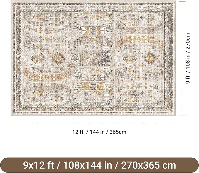 befbee 9x12 Area Rug,Ultra-Thin Washable Rugs for Living Room,Non-Slip Lightweight Foldable Area Rug,Stain Resistant Vintage Large Rugs(Brown/Gold, 9'x12')