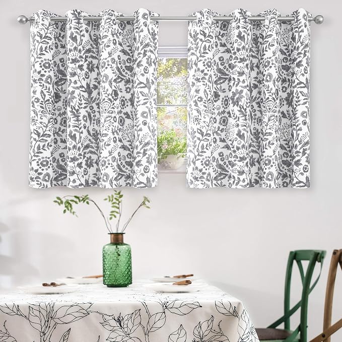 DriftAway Julia Blackout Curtains Grommet 2 Panels, W52xL36, Gray | Floral Curtains, Bedroom, Living Room, Room Darking, Watercolor Pattern, 2 Layers, Thermal Insulated, Window Treatment