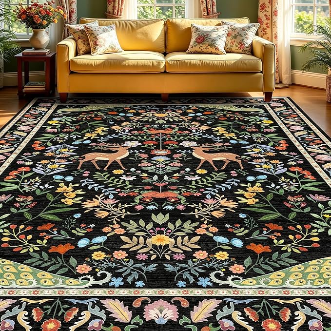 5x7 Black Washable Rug for Living Room - Foyer Rugs for Entryway, Bedroom, Home Office, Floral Indoor Décor