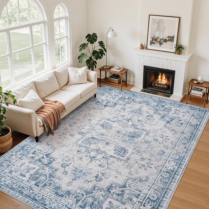 6x9 Area Rugs for Living Room:Blue Washable Vintage Medallion Boho Rug Non-Slip No Slip Stain Resistant Soft Low Pile Large Rugs Indoor Retro Carpet for Bedroom Nursery Dining Office (Blue Grey 6'x9')