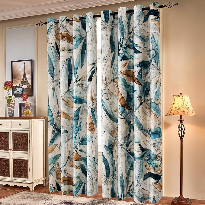 SUBRTEX Light Flitering Curtains 52Wx95L, Room Darkening Vibrant Floral Drapes, 50% Blackout, Semi Sheer Boho Farmhouse Curtains for Living Room, Blue