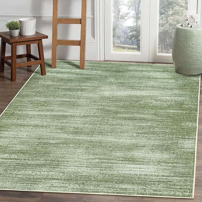 BILEEHOME Modern Area Rug 4x6 Non Slip Olive Green Small Rugs for Dorm | Abstract Neutral, Office Chair Mat for Low Pile Floor Carpet, with Non Slip Washable, Dark Green, for Bedside Laundry Room