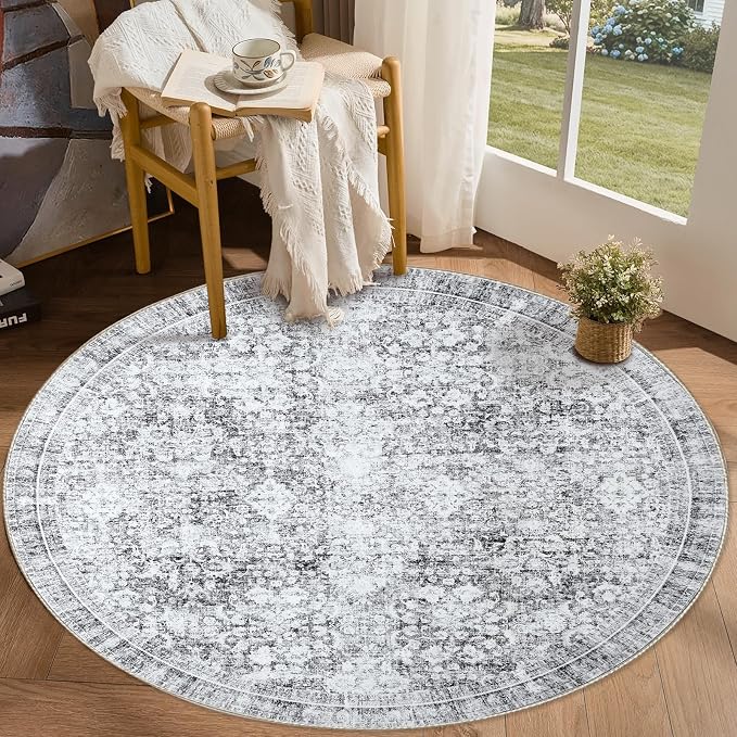 Sasttie Round Rug 4ft, Ultra-Soft Washable Circle Rug, Low Pile Foldable Thin Rugs with Non-Slip Backing, Skin-Friendly Stain Resistant Carpet for Living Room, Bedroom, Kitchen, Dorm, 4ft, Light Grey