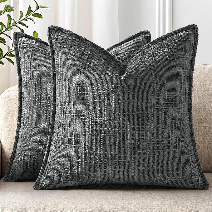decorUhome Chenille Throw Pillow Covers 20x20 Set of 2,Dark Grey | Soft Texture, Slubby Modern Design, Flange Edges, Cozy Accent Pillow Covers for Couch, Sofa, Bed, Living Room
