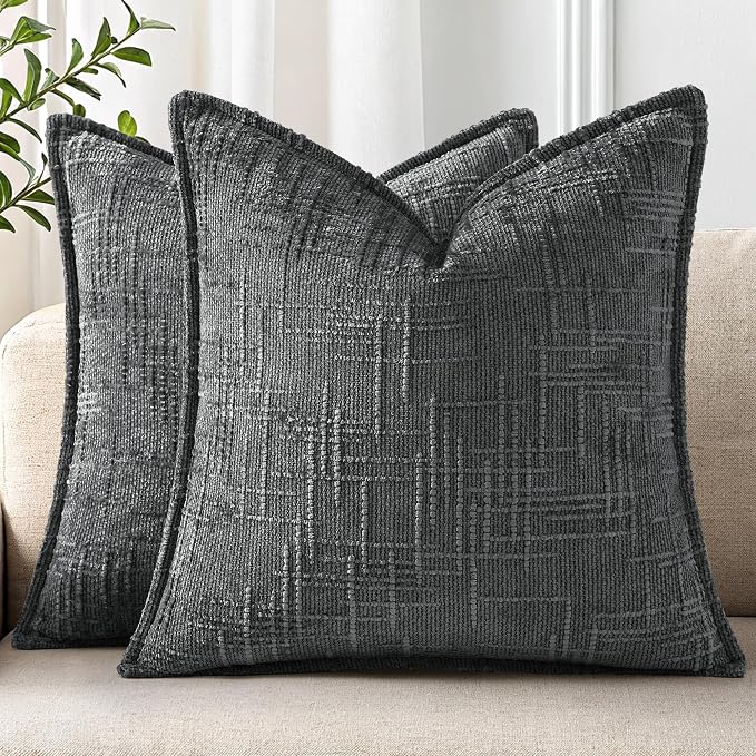 decorUhome Chenille Throw Pillow Covers 22x22 Set of 2,Dark Grey | Soft Texture, Slubby Modern Design, Flange Edges, Cozy Accent Pillow Covers for Couch, Sofa, Bed, Living Room
