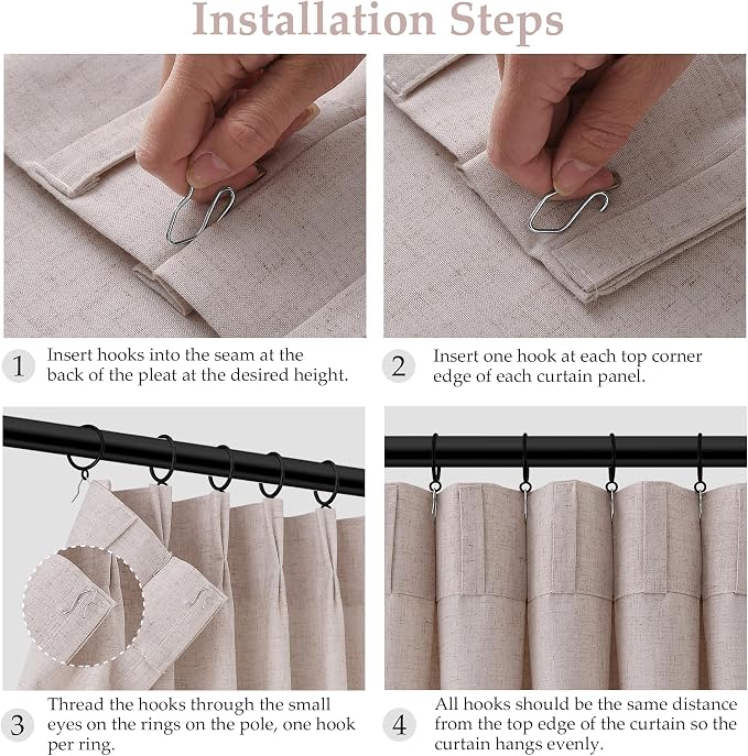 Aersas Natural White Pinch Pleat Linen Curtains 102 Inches Long 2 Panels for Living Room Bedroom Neutral Modern Pinch Pleated Light Filtering Semi Sheer Curtain with Hook Rings 40x102