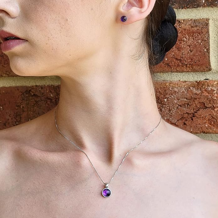Natural gemstone 8mm round pendant with white gold over 925 sterling silver bezel cabochon plate and box chain, real genuine dainty birthstone gift for her, uniquelan jewelry