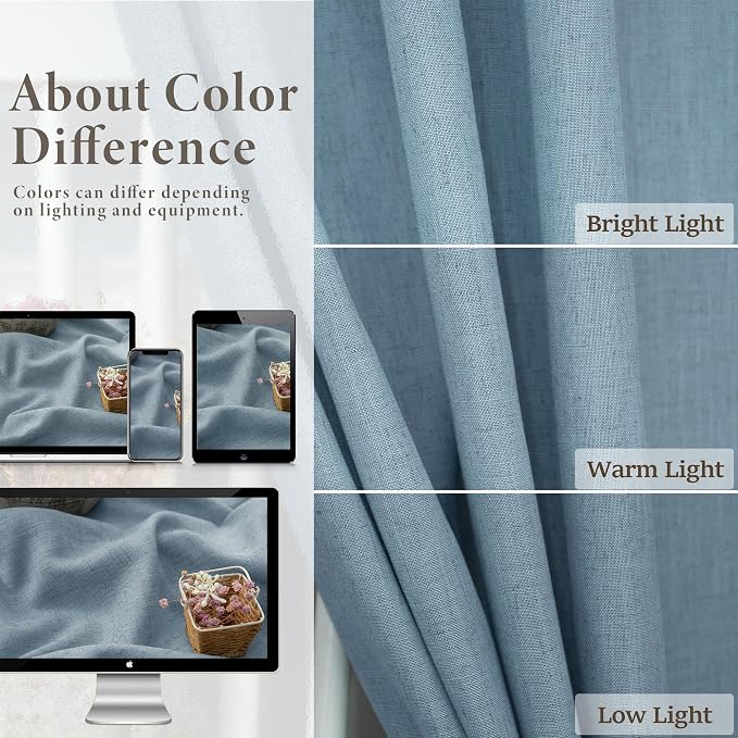 Blue Curtains 108 Inches Long For Living Room Dining 2 Panels Set Back Tab Pocket Farmhouse Linen Semi Sheer Blue Light Filtering Curtains for Bedroom Patio High Ceiling Balcony 9 FT Tall Stone Blue