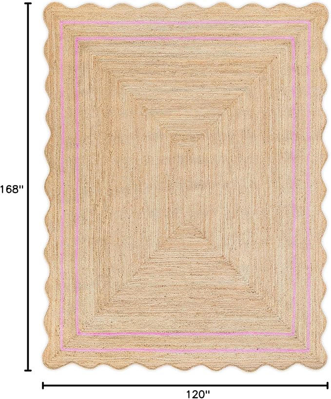 Wave Scalloped Natural Jute Rug Boho Jute Rug Entryway Runner Rug Farmhouse Scallop Rug, Light Pink (10'x14')