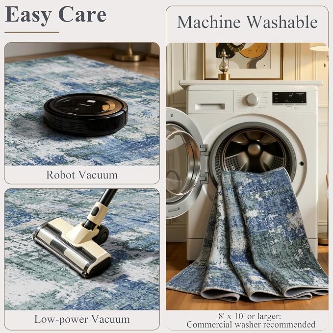 Sasttie 2x12 Soft Runner Rug for Entryway, Modern Abstract Washable Carpet for Hallway, Kitchen and Laundry Room, with Non-Slip Backing, Blue and Green