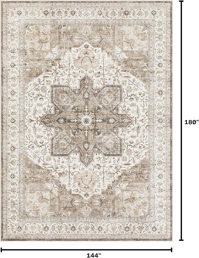 Tortania Area Rug Living Room Rugs - 12x15 Washable Boho Rug Vintage Oriental Distressed Farmhouse Large Thin Indoor Carpet for Living Room Bedroom Under Dining Table Home Office - Brown