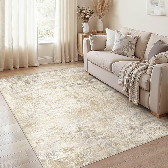 cotiled 5x7 Area Rugs Abstract Soft Non Slip Washable Living Room Rug | Stain Resistant, Robot Vacuum & Pet Friendly, Low-pile, For Living Room, Bedroom, Dining Table, Nursery Beige