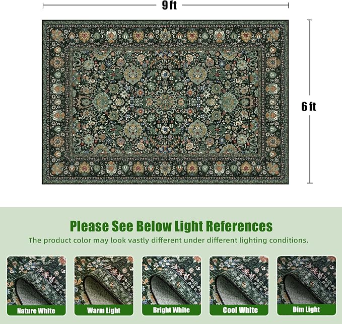 6x9 Vintage Rugs for Dining Room, Washable Rugs Non Slip Large Area Rug for Living Room Bedroom Office, Floor Decoration Big Rug Low-Pile Kid & Pet Friendly(Dark Green