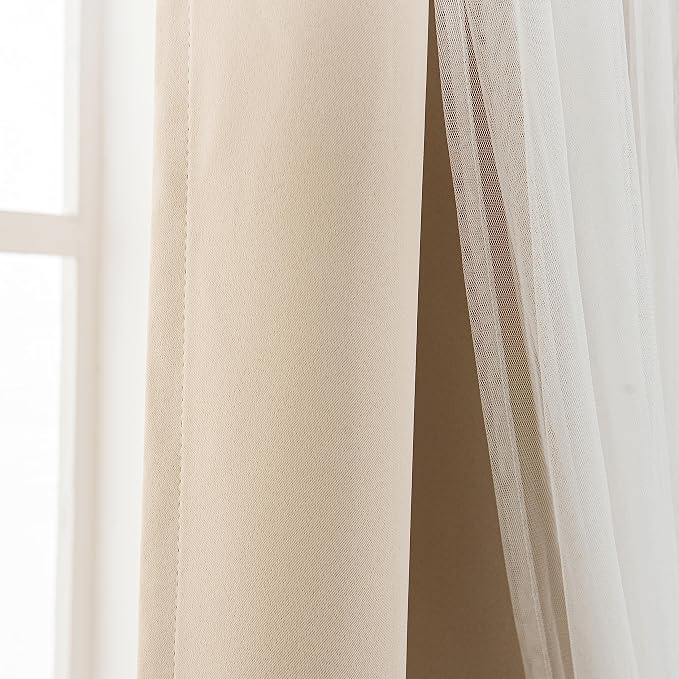 INLINAS Beige Blackout Curtains with Sheer Overlay - Grommet Top Thermal and Noise Reduction Panels for Bedroom and Living Room Light Blocking and Energy Saving, 52 x 84 Inches, Set of 2