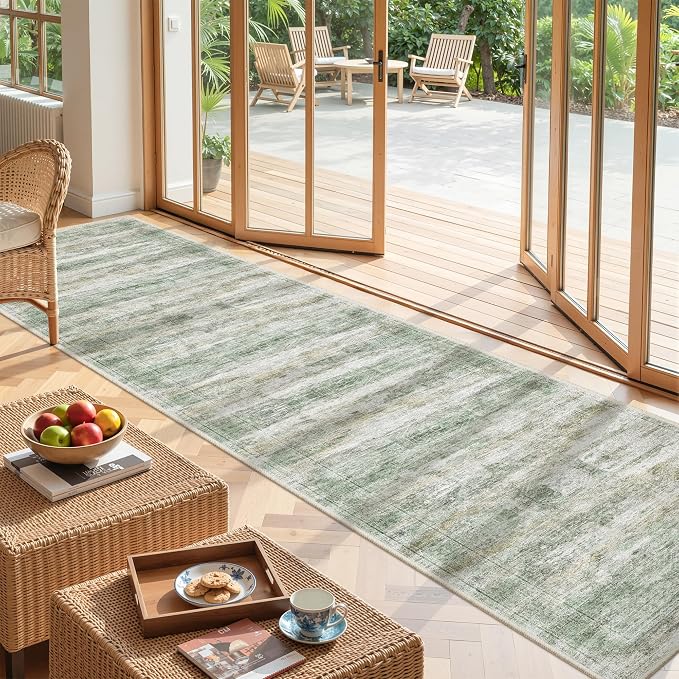 2x12 Runner Rug Non Slip,Washable Hallway Runner Rug,Green | Long Neutral Rugs for Kitchen,Entryway,Bedroom,Bathroom,Laundry Room,Thin,Soft Runner Rug,Stain Resistant Indoor Carpet