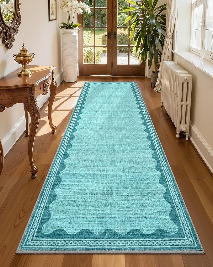 GarveeHome Scalloped Teal Washable Rugs 5x7 Rug for Living Room Solid Modern Minimalism Soft Low-Pile Carpet for Bedroom Dining Nursery Non Slip TPE Backing