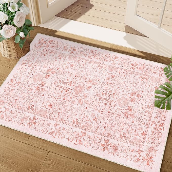 DUKINO 2x3 Entryway Rug, Washable Vintage Floral Area Rug, Pink | Non Slip, Low Pile, Non-Shedding, Soft Indoor Door Mat, Small Front Door Throw Carpet for Bathroom Kitchen Entrance Bedroom