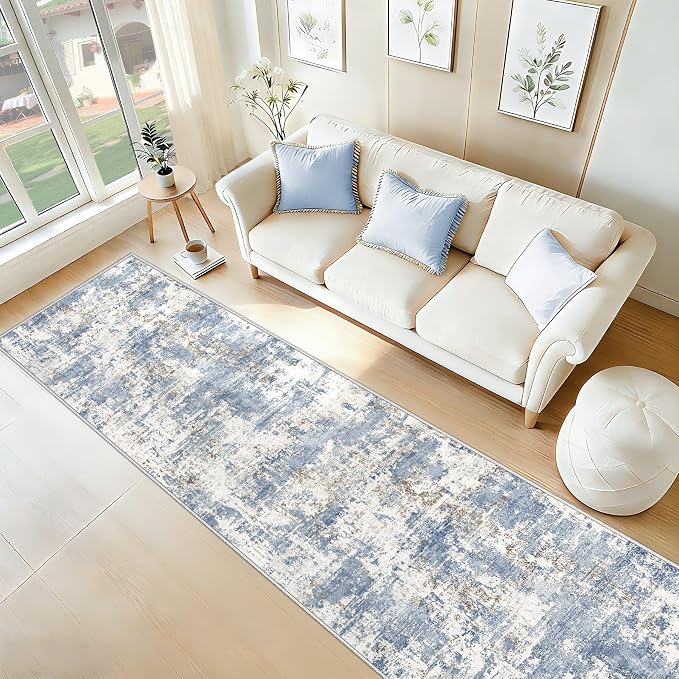 XLUEZ 2.6x10 Runner Rug for Hallway, Washable Modern Abstract Runner Rugs Neutral Soft Non Slip Kids Rug Stain Resistant Indoor Runners for Entryway Bedroom Kitchen Laundry Room(Blue, 2'6''x10')
