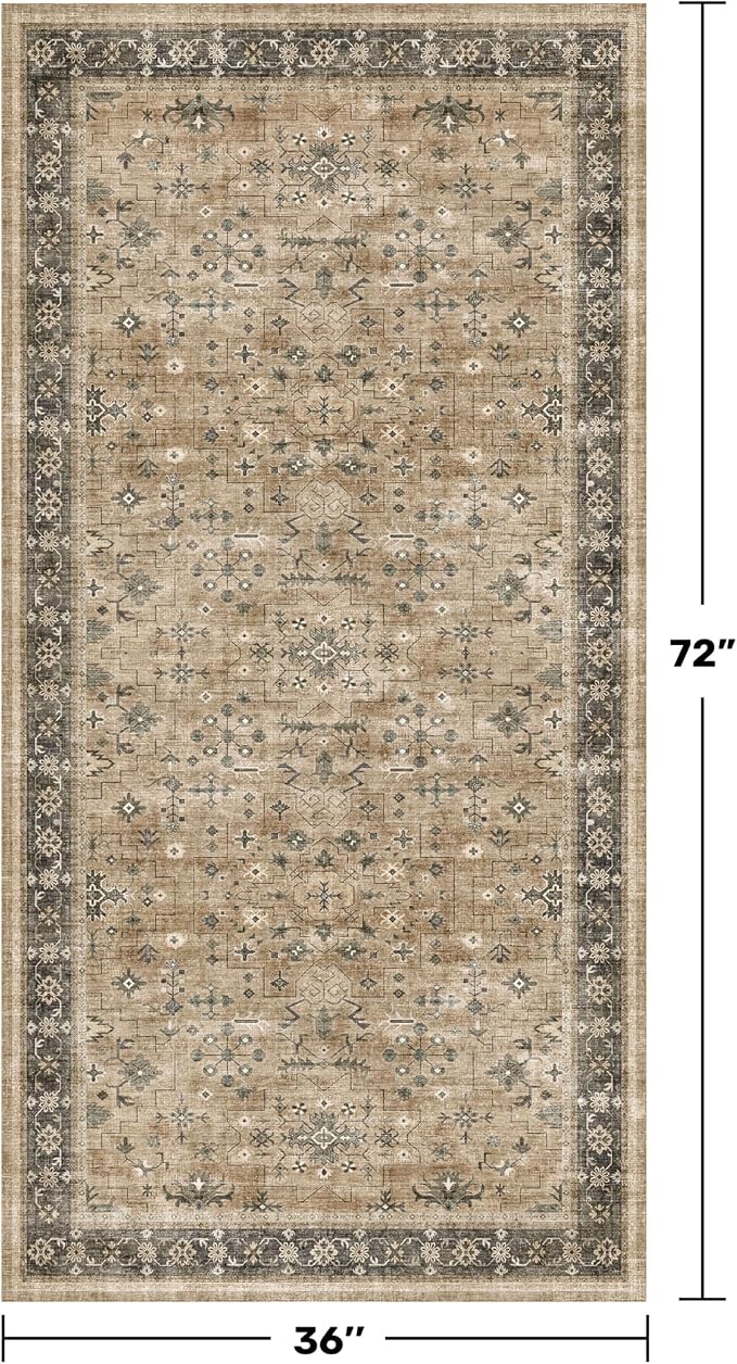 Hazo Haus Washable 3x6 Large Mudroom Area Rug, Bohemian Kitchen Floor Rug, Non-Slip & Stain Resistant, Vintage Desert Taupe Sage Farmhouse Floral Décor