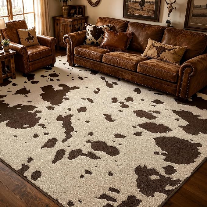 YIHOUSE Cowhide Area Rugs 6×9 Ft, Washable Plush Soft Brown and Cream Cow Rug, Non-Slip High-Low Pile Animal Carpet for Living Room, Bedroom, Dining Room, Nursery, Western Home Decor