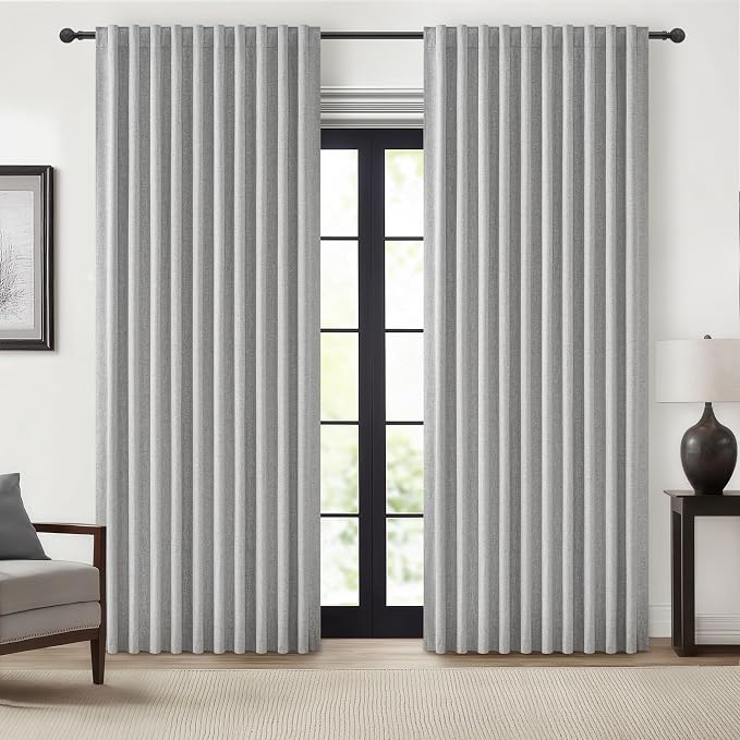 Gray Blackout Curtains 70 Inches Extra Wide Linen Curtains 96 Inch Length for Kids Boys Room/Nursery, Pleated Bedroom Thermal Drapes for Winter Thick Window Energy Efficient 70"W x 96"L 2 Panels