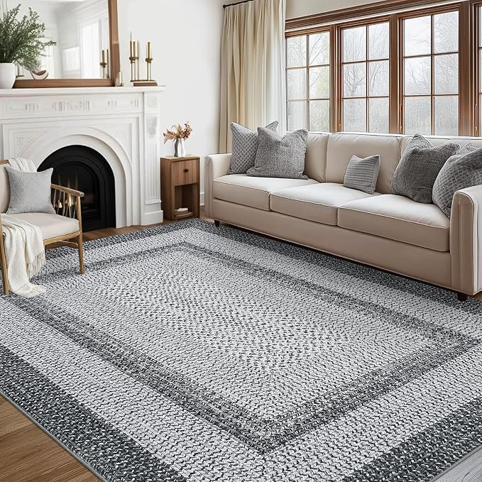 RUGSREAL 8x10 Braided Print Area Rug Washable Rug Non Slip Farmhouse Rustic Floor Carpet Boho Dining Room Throw Carpet Modern Geometric Floor Cover Bohemian Border Rug for Living Room Bedroom, Grey
